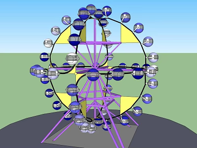 Colorful Ferris Wheel Amusement Ride With Purple Framework Yellow Sections And Transparent Cabins 3d model