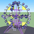 Colorful Ferris Wheel Amusement Ride With Purple Framework Yellow Sections And Transparent Cabins