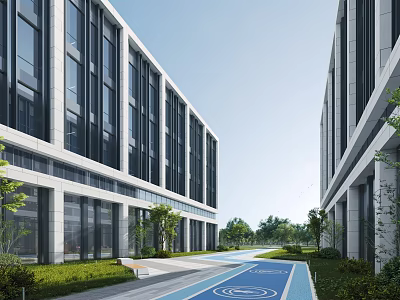 Modern Industrial Factory Buildings With Large Glass Windows And Greenery Surrounding Pathway 3d model
