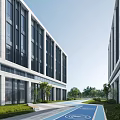 Modern Industrial Factory Buildings With Large Glass Windows And Greenery Surrounding Pathway