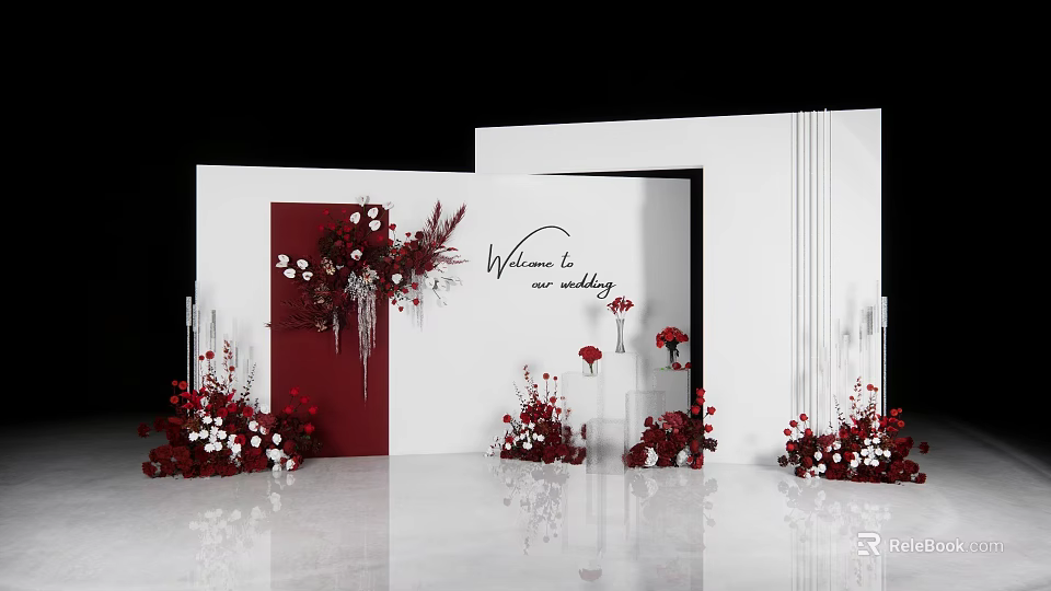 Elegant Wedding Ceremony Setup With Red White Flowers And Welcome Sign 3d model 