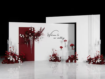 Elegant Wedding Ceremony Setup With Red White Flowers And Welcome Sign 3d model