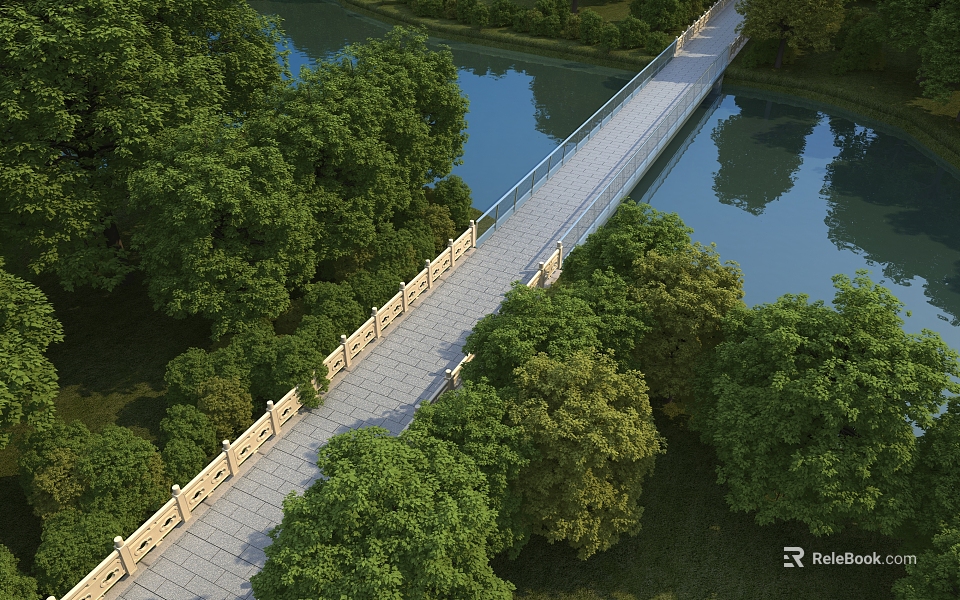 Landscape Bridge With White Railing And Stone Deck Amidst Lush Green Trees By River 3d model 