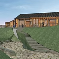Traditional Wooden Building With Black Tile Roof Large Windows People Grass And Stone Wall