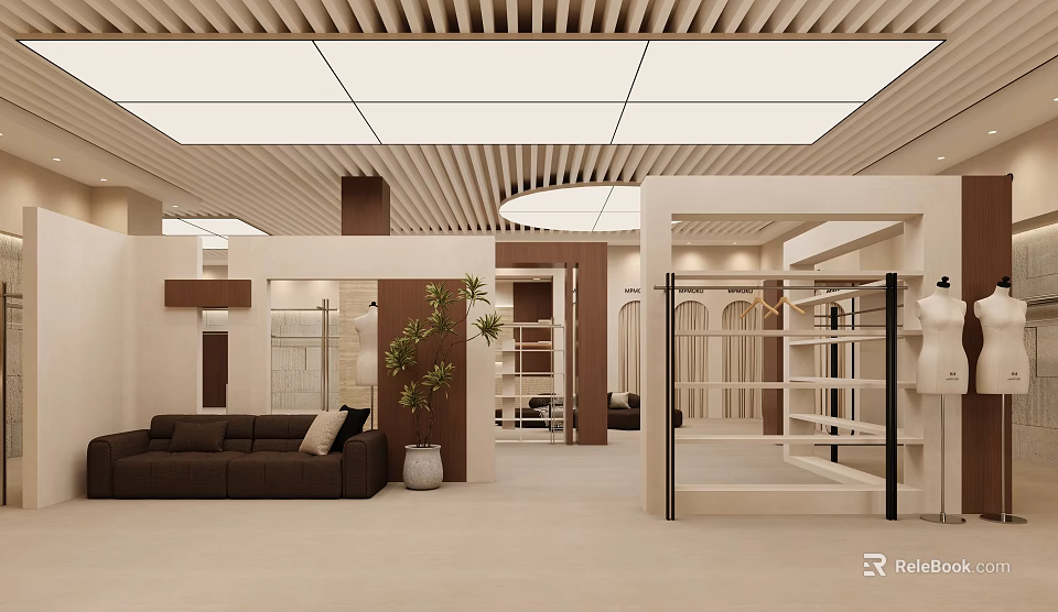 Elegant Modern Warm Beige Clothing Store Interior With Display Racks Comfortable Sofa And Gentle Lighting 3d model 