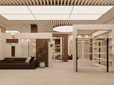 Elegant Modern Warm Beige Clothing Store Interior With Display Racks Comfortable Sofa And Gentle Lighting 3d model