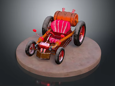 Vintage Car with Orange Barrel Body Red Striped Seat Large Black Wheels on Circular Stand 3d model