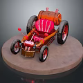 Vintage Car with Orange Barrel Body Red Striped Seat Large Black Wheels on Circular Stand