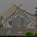 Glamping Canvas Tent With Wooden Frame On Wooden Platform Surrounded By Green Plants And Gravel