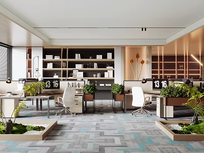 Modern Public Office Space With Open Layout Desks Green Plants Bookshelves And Lighting 3d model