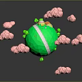 Scenic Landscape View Of Green Sphere With Pink Clouds And Yellow Accent On Gray Background