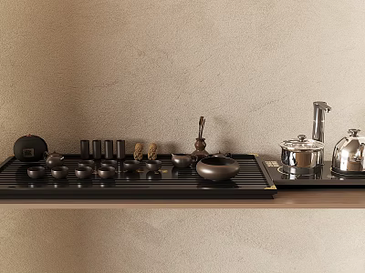 Elegant Tea Set Display With Black Teacups Silver Kettles And Decorative Figurines On Shelf 3d model