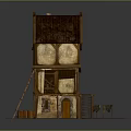 Cartoon Two Story Small Cottage With Thatched Roof Wooden Stairs Barrels And Porch