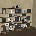 Modern Wooden Bookcase with Multiple Shelves Holding Books Decorative Sculptures Vases and Photo Frames