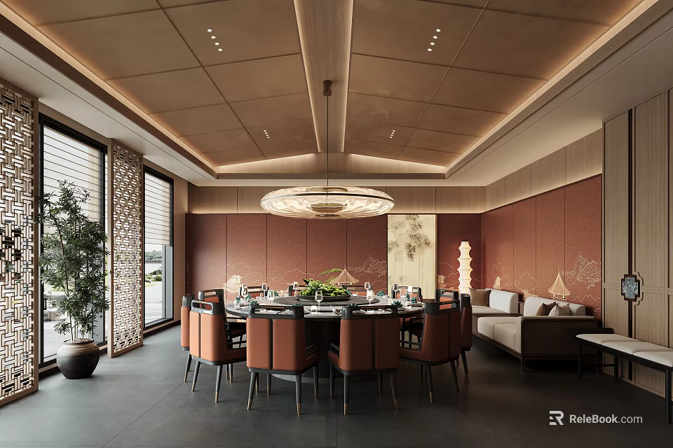 Private Dining Box With Round Table Orange Chairs Chandelier Sofa Green Plant Wooden Walls 3d model 