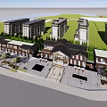 Modern Commercial Street with Glass Facades Wooden Structures and Outdoor Seating Areas