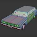 Vintage White Station Wagon Car With Blue Wheels On Dark Background