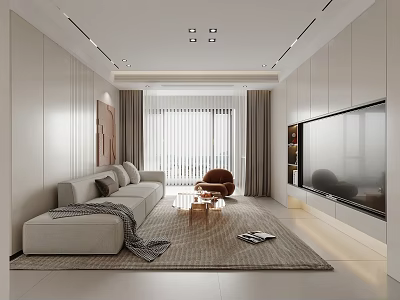 Modern Living Room Interior Design With Light Beige Sofa Armchair And Floor To Ceiling Windows 3d model