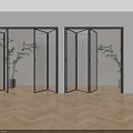Modern Glass Folding Doors With Black Frame In Interior With Green Plants And Wooden Floor