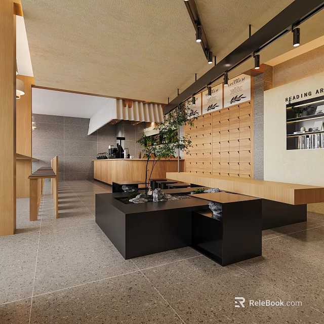 Modern Café Interior With Wooden Elements Black Coffee Tables Plants And Bar Counter 3d model 