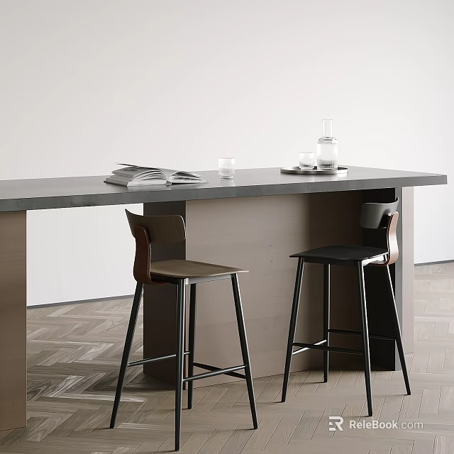 Modern Bar Stools With Metal Legs At Sleek Counter In Contemporary Interior 3d model 