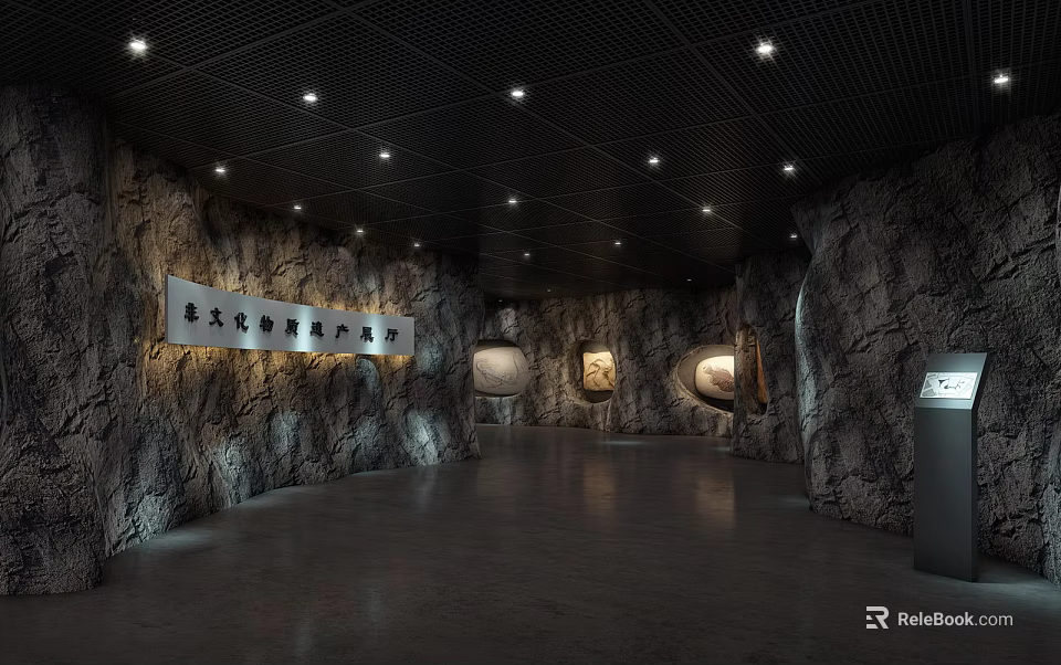 Santian Cultural Site Museum Interior With Rock Wall Displays And Lighting Setup 3d model 