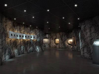 Santian Cultural Site Museum Interior With Rock Wall Displays And Lighting Setup 3d model