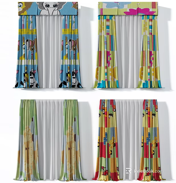 Vibrant Colorful Curtains With Cartoon Patterns And Striped Design For Home Decor 3d model 
