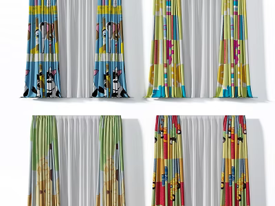 Vibrant Colorful Curtains With Cartoon Patterns And Striped Design For Home Decor 3d model
