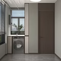 Modern Minimalist Bathroom Interior With Light Gray Cabinets Sink Shelves And Window Blinds