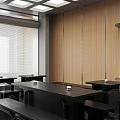 Modern Café with Wooden Walls Gray Pillars Ceiling Square Skylights Bar Counter Black Tables Benches