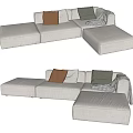 Modern Beige Sectional Sofa With Multiple Pillows And Throw Blanket 3d model