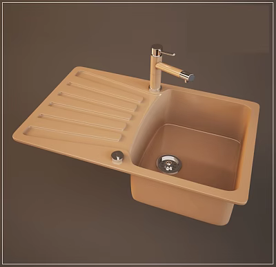Single Bowl Beige Kitchen Sink With Integrated Draining Board And Gold Faucet 3d model