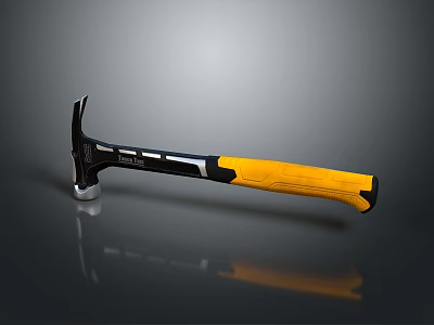 Black And Yellow Handle Metal Head Hammer On Gray Background With Reflection 3d model