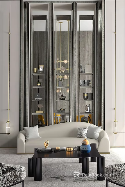 Elegant Modern Sales Office Interior Design With Gray Walls Gold Accents Pendant Lights Sofa Cabinets 3d model 