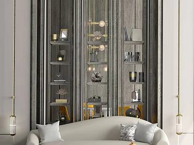 Elegant Modern Sales Office Interior Design With Gray Walls Gold Accents Pendant Lights Sofa Cabinets 3d model