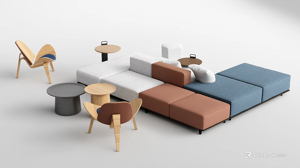 Modern Color Block Modular Leisure Sofa Set With Matching Side Tables And Wooden Lounge Chairs 3d model 