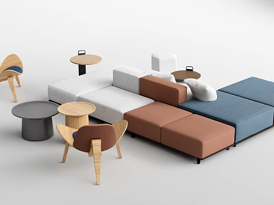 Modern Color Block Modular Leisure Sofa Set With Matching Side Tables And Wooden Lounge Chairs 3d model