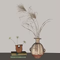 Two Different Sizes Ceramic Vases With Small White Flowers And Tall Grass On Light Background