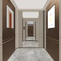 Hotel Corridor With Elevator Marble Floor And Decorative Paintings On Wooden Walls