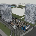 Modern High Rise Office Building Complex With Glass Facade And Urban Commercial Area