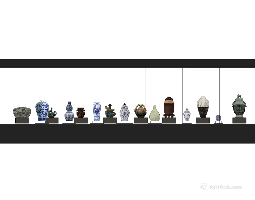 Ceramic Vessels With Various Colors And Different Shapes Arranged On Black Shelf 3d model 
