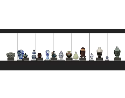 Ceramic Vessels With Various Colors And Different Shapes Arranged On Black Shelf 3d model
