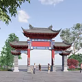 Traditional Chinese Memorial Archway With Red Structure And Grey Roof Surrounded By Trees