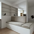 Modern Apartment Interior With Window Bookshelves Bench TV Wooden Floor And Cabinets