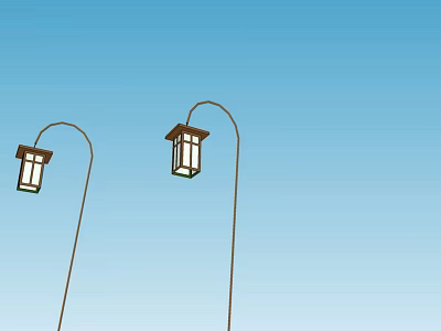 Classic Lantern Style Outdoor Lights Mounted On Curved Poles Against Blue Sky 3d model