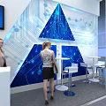 Modern Exhibition Booth for Guochang Communications with Blue White Design Display Screen and Reception Desk