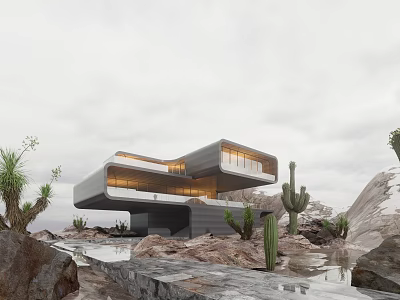 Modern Detached Villa In Desert Landscape With Rock Cactus And Water Feature 3d model