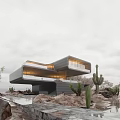 Modern Detached Villa In Desert Landscape With Rock Cactus And Water Feature