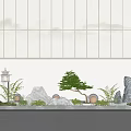 Traditional Indoor Landscape With Rock Formations Bonsai Tree And Illuminated Lanterns